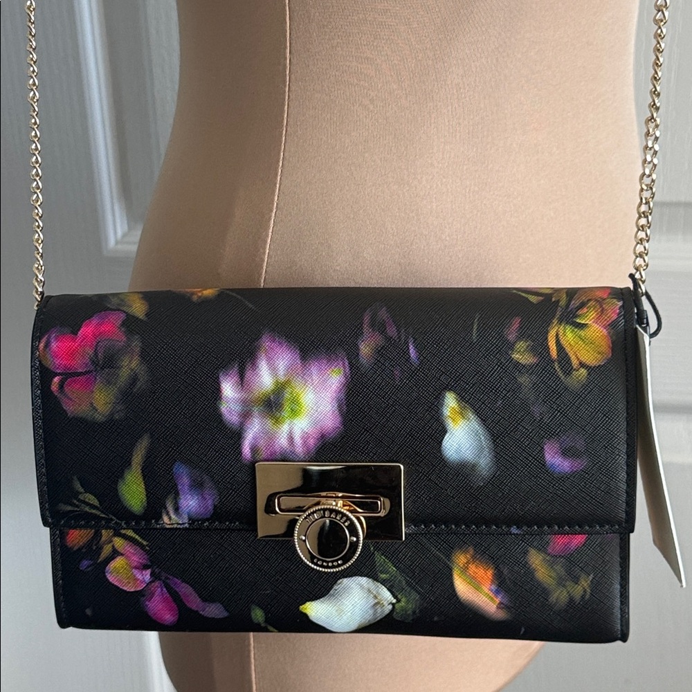 Ted Baker Floral Black Red Chain Clutch Parisa Leather Crossbody - Picture 7 of 13